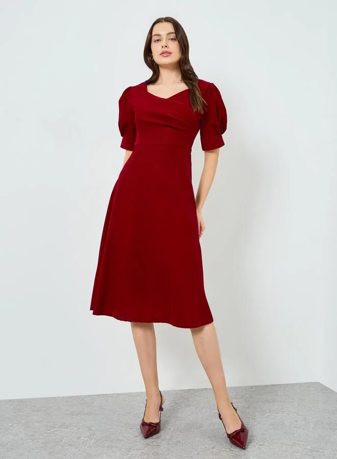 Take Two Women Red Puff Sleeve A-Line Midi Dress